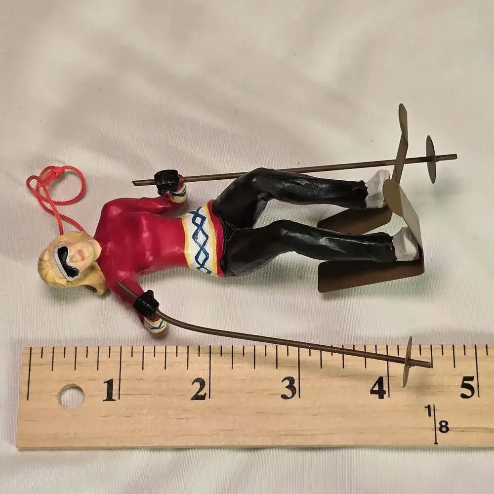Vintage Female Skier Ornament Red Sweater & Black Pants – Metal Skis & Poles, 5